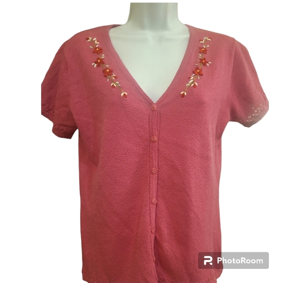 Pink floral button up sweater medium Villager by Liz Claiborne - Picture 1 of 4